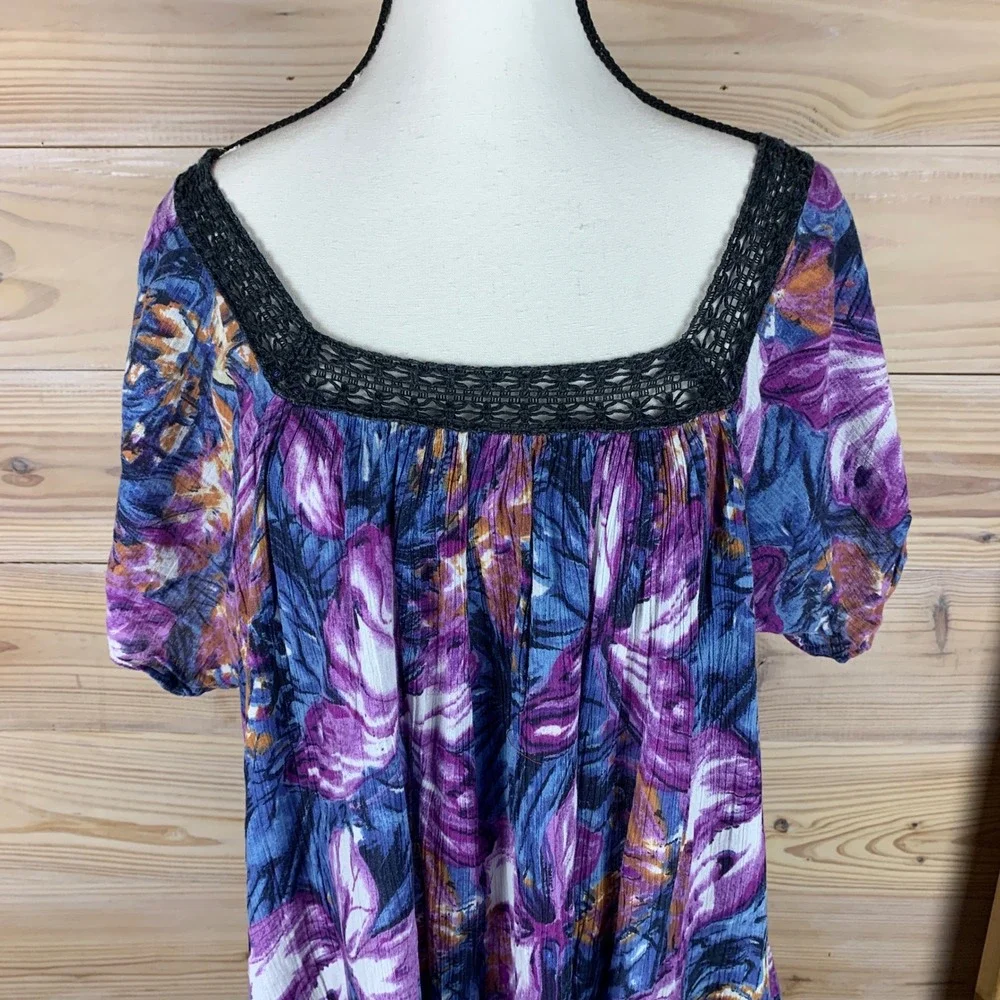Daffodil Loungewear Dress Womens Large Dark Floral Crochet Cotton Crinkle Muumuu